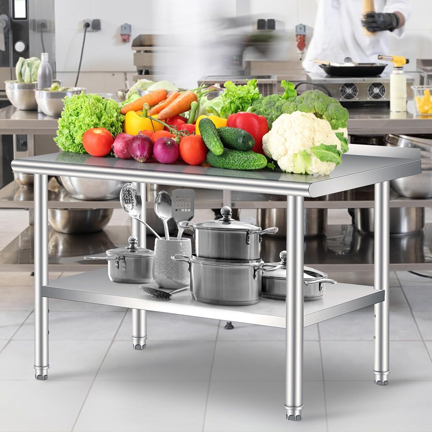 Commercial Kitchen Backsplash - โต๊ะเตรียมอาหารสแตนเลสขนาด 60 x 24 นิ้ว พร้อมแผ่นกันกระเด็นด้านหลัง,