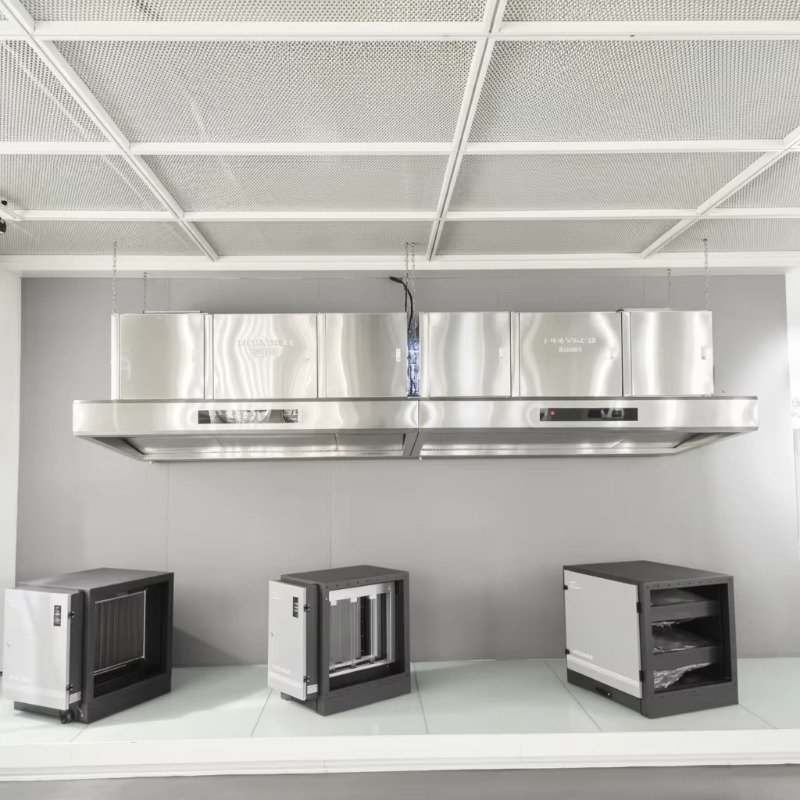 Commercial Kitchen - เครื่องดูดควันครัวสแตนเลส 201 แบบปรับแต่งได้สำหรับเชิงพาณิชย์ พร้อมระบบกรองไฟฟ้าสถิตและระบบระบายอากาศ ประสิทธิภาพ 98%