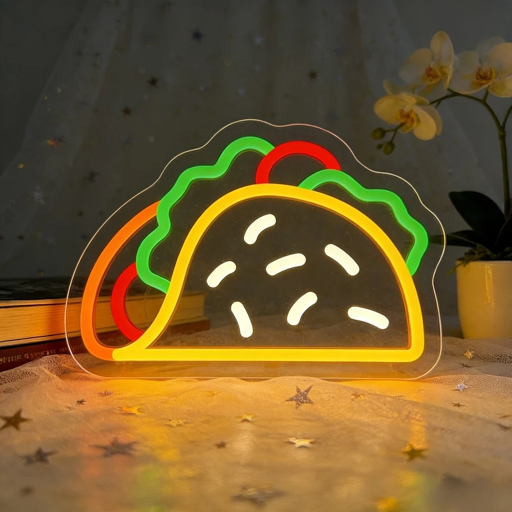 Commercial Kitchen Store - ป้ายไฟนีออนรูปทาโก้ LED ปรับความสว่างได้ผ่าน USB ไฟติดผนังสุดฮาสำหรับร้านอาหารเม็กซิกัน ห้องครัว